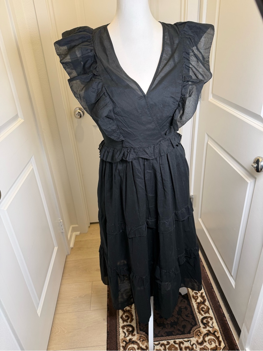 J.Crew Women’s S Black Ruffle Tiered Midi Dress 100% Cotton V Neck Flutter